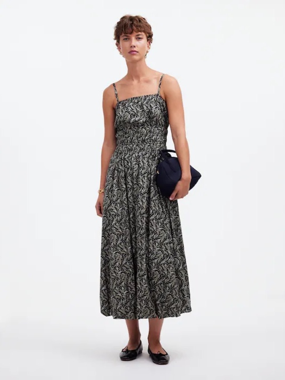 Madewell Sleeveless Bubble Hem Midi Dress Black Floral Print Smocked Waist